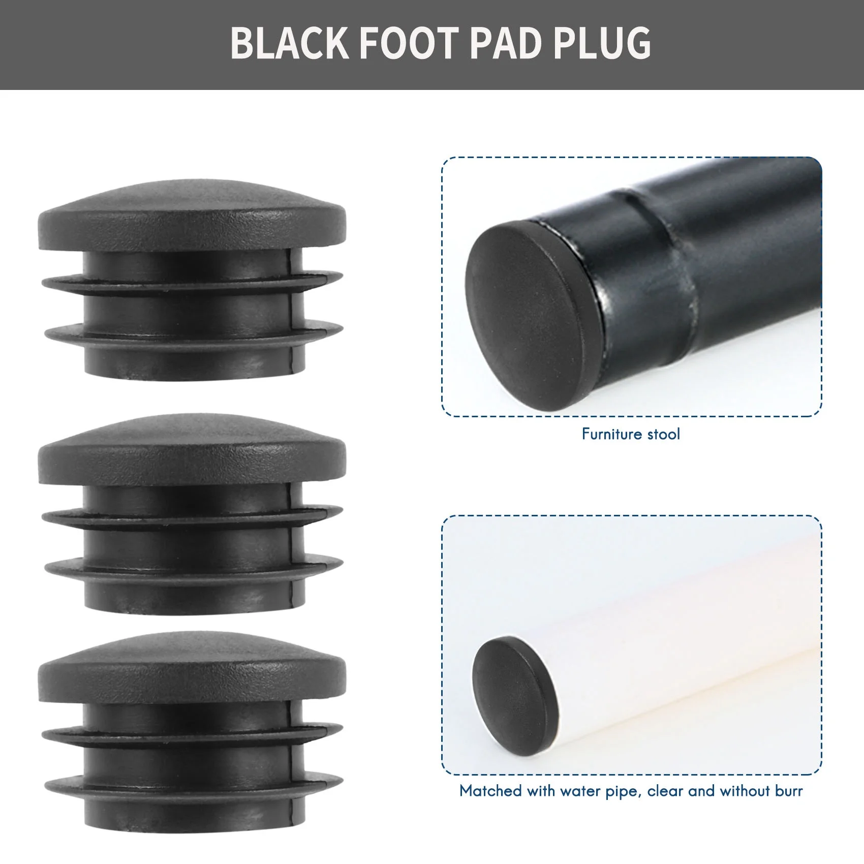 Black Plastic 35mm Dia Blanking End Caps Round Tube Insert 5 Pcs