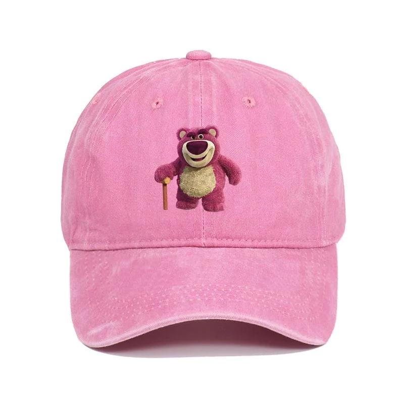 Cartoon Washed Lotso Print Baseball Cap für Männer und Frauen, Vintage Kpop Snapback Cap, verstellbare, atmungsaktive Trucker-Mütze, Sonnenschutzmütze