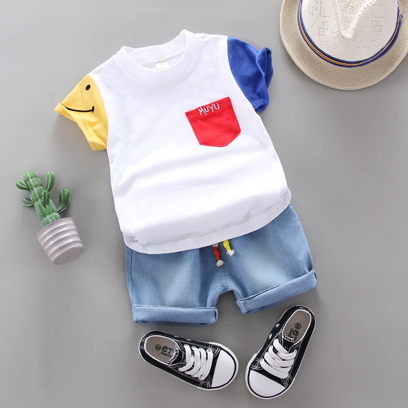 Korean Version Baby  Short-Sleeved Clothing Suits Summer Cotton Children's T-Shirt + Denim Shorts Sets Handsome