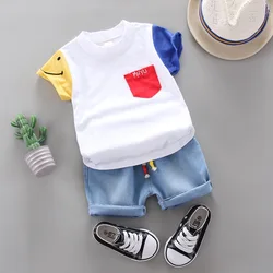 Korean Version Baby  Short-Sleeved Clothing Suits Summer Cotton Children's T-Shirt + Denim Shorts Sets Handsome