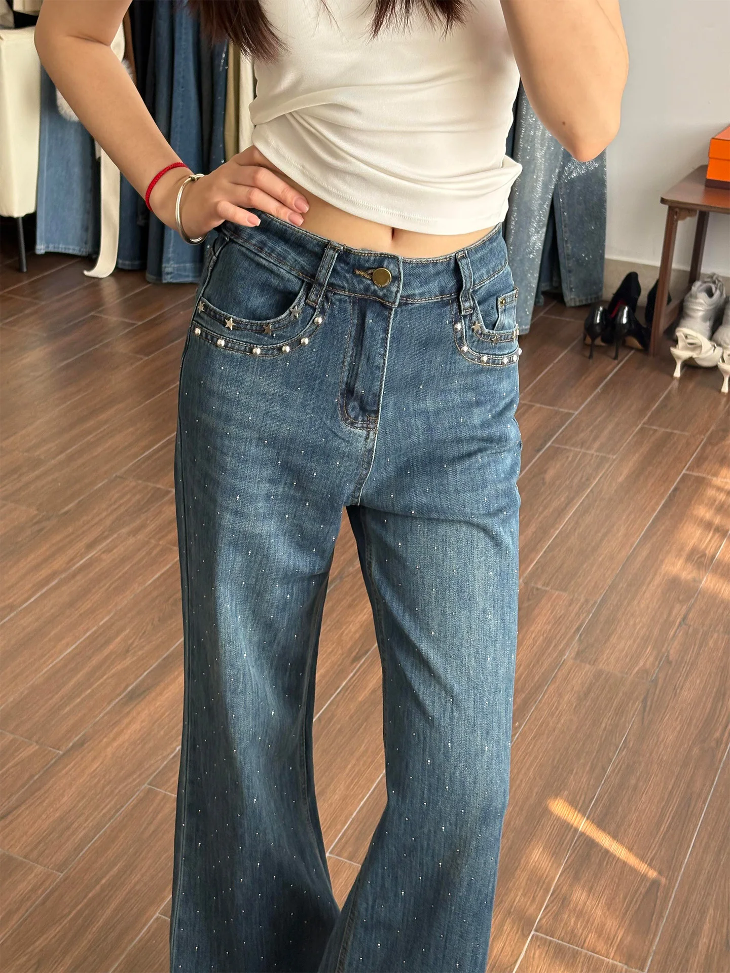 

Retro Washed Slim Straight Jeans Women's Summer New Style Pocket Detail Rivet Denim Pants Natural Waist Medium Stretch
