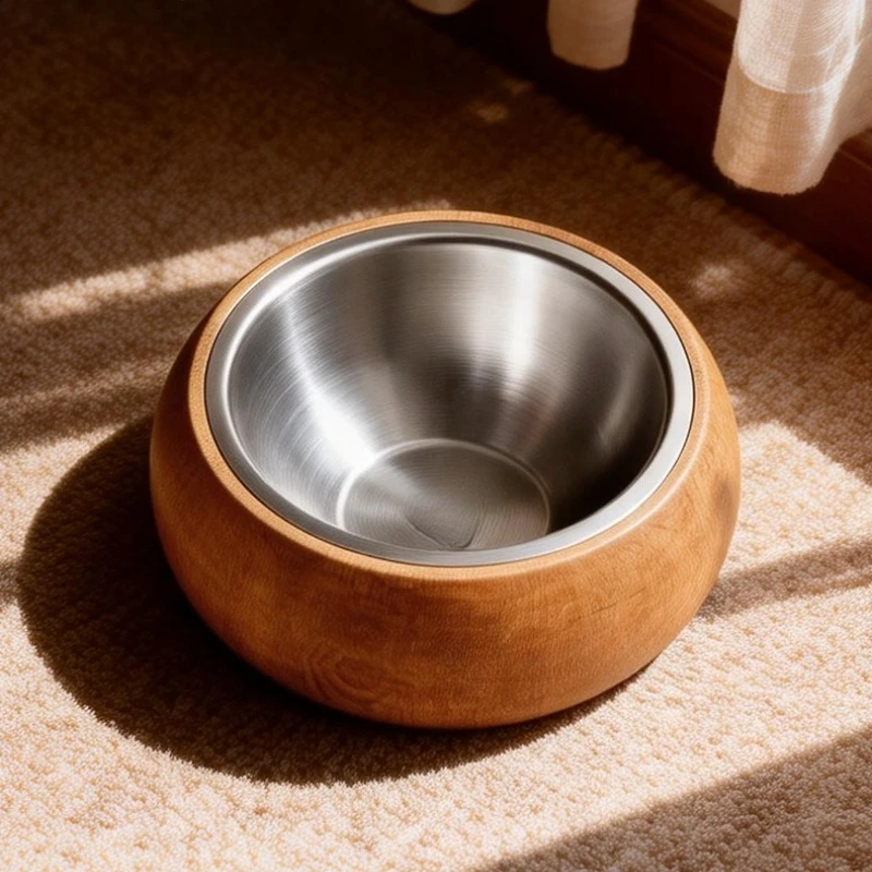 

Solid Wood Stainless Steel Dog Bowl Cat Bowl Pet Anti-overturning Rice Bowl Dog Basin