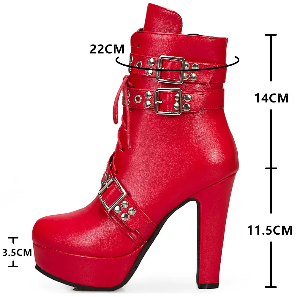 New Vintage Ladies Mid-calf Boots Chunky Heels Belt Buckle Boots Pointed Toe Rivet Booties Women Goth punk Party Woman Shoes 41