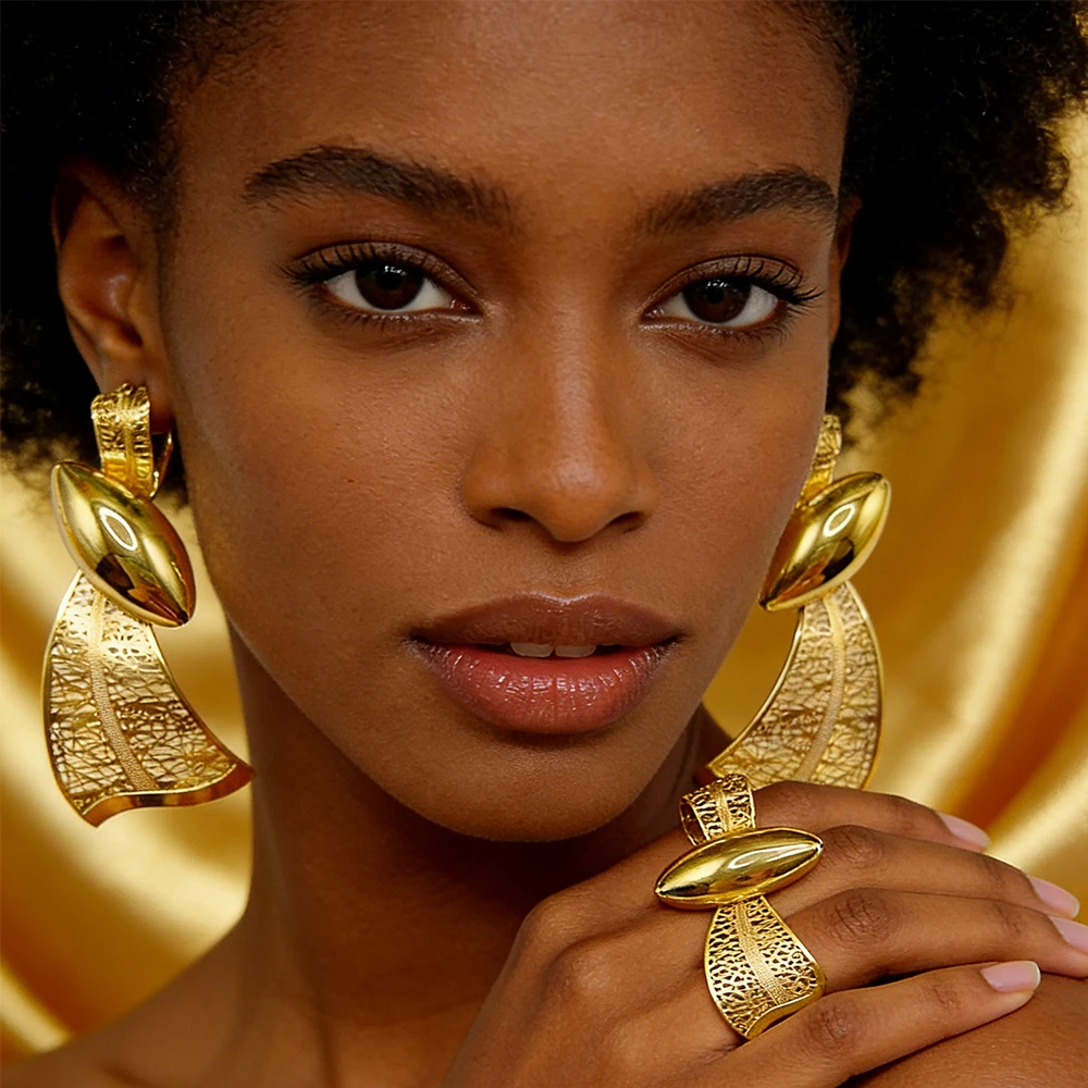 

Luxury Women Earrings with Ring Sets African Classic Gold Color Jewelry Sets Lager Earrings Rings Jewelry Set for Lady Daily