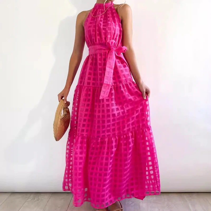 Robe longue à col licou avec ceinture pour femme, élégante, vintage, décontractée, plage, été, 2024