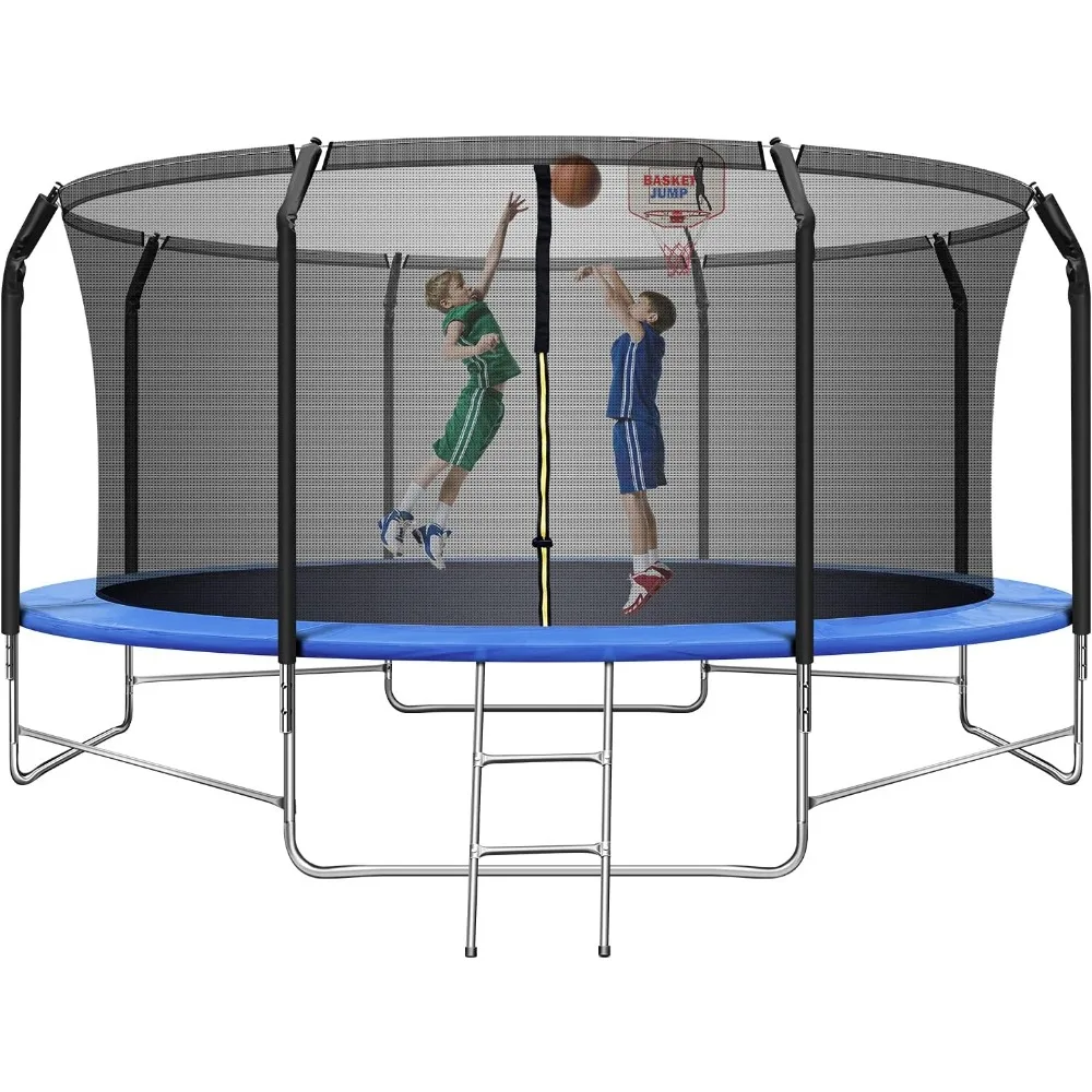 14FT Recreational Trampoline for Kids & Adults with Balance Bar & Basketball Hoop,with Safety Enclosure Net, Ladder, Jumping Mat