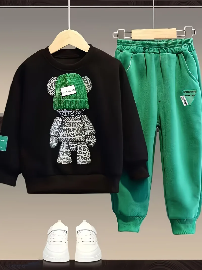 Spring Children Boy Cloth Baby Girl Knit Hooded Sweater Pullover Pants Outfit Kid Cartoon Bear Top and Bottom 2 Pieces Set Ropa