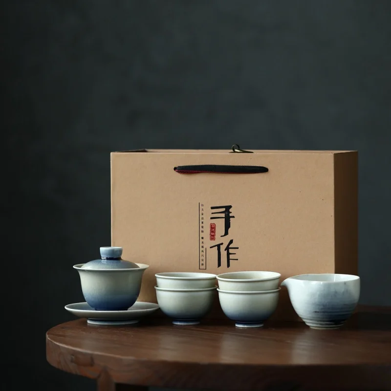 ★Qinlan Gracked Glaze Supportable Gaiwan Set Jingdezhen Kiln Baked Crackle Glaze Tea Set Handmade Master Cup 150
