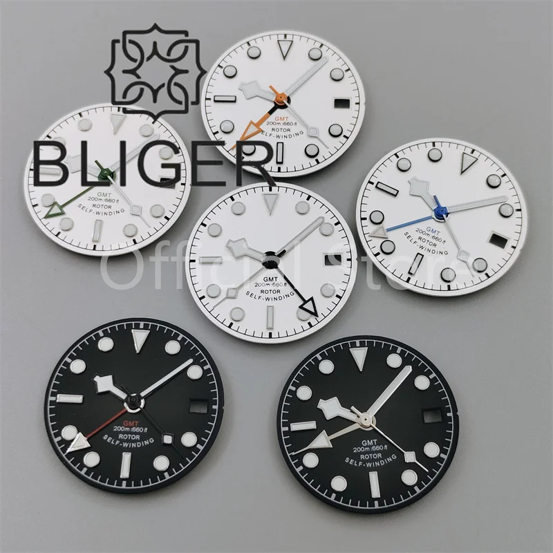 

BLIGER 29mm Green Luminous Black/White Sterile Watch Dial Bend Self-winding Text GMT Hands Set Fit NH34 Movement Watches Parts