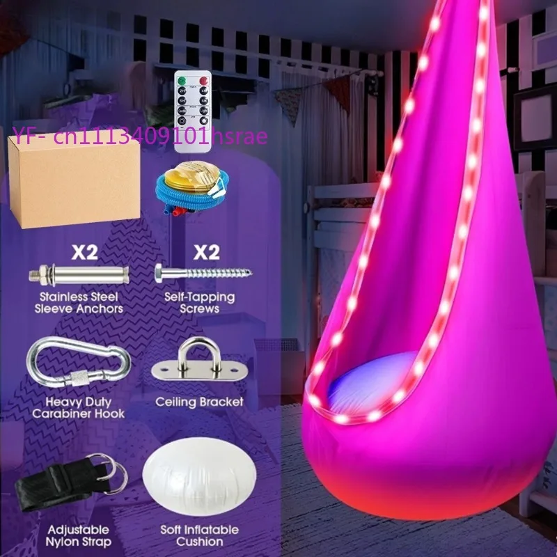 Glowing LED Inflatable Hammock Portable Plush Hanging Swing Chair Indoor Outdoor Single Suspended Hammock with Light for Kids