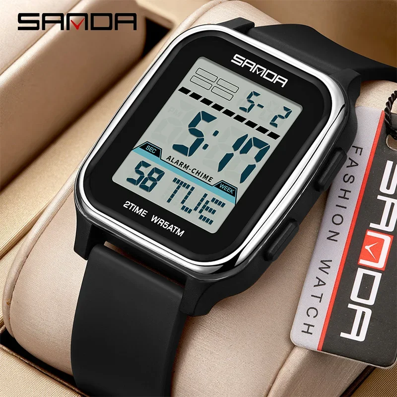 SANDA 2211 Fashion Men's Electronic Watch Multi-function Square Dial Calendar Sports Luminous Waterproof Digital Watches for Man