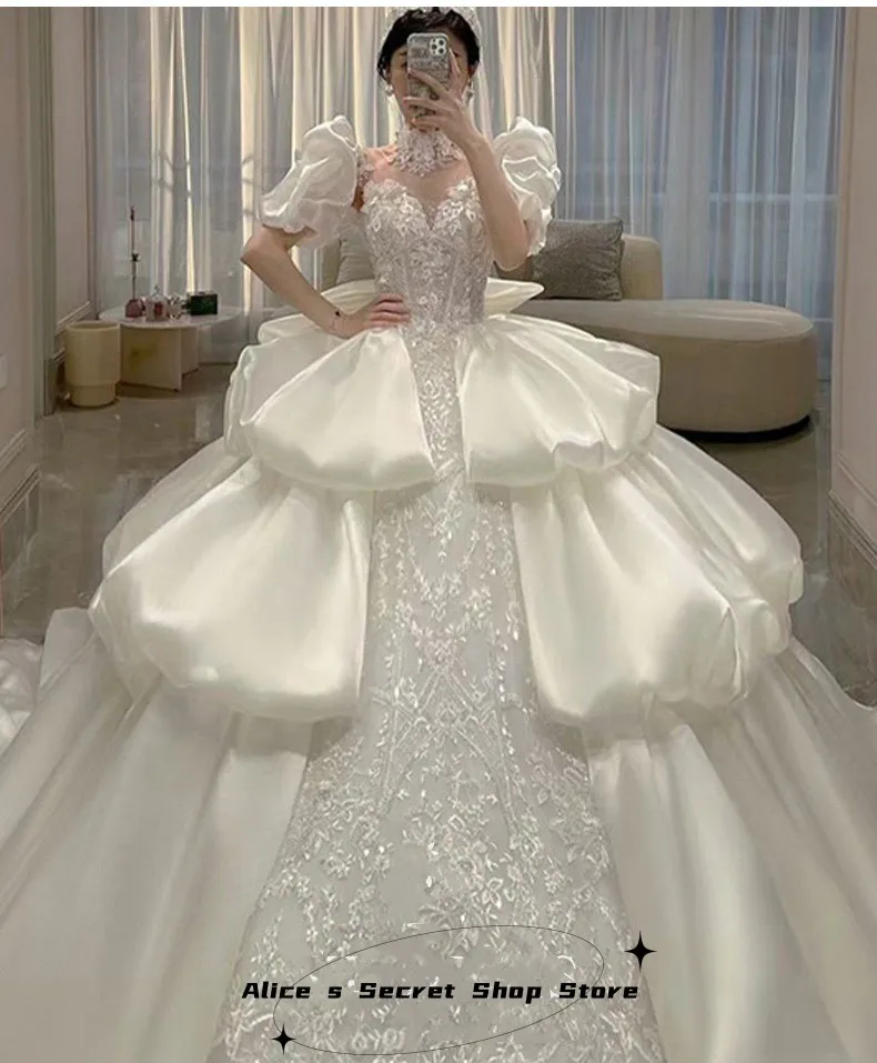 High Neck Cake Tiered Puff Sleeve Wedding Dresses Bead Appliques Bow Ball Bridal Gowns Vestidos De Novia Customized 20223