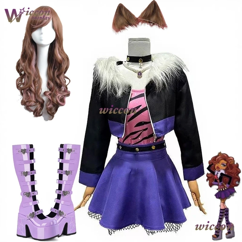 

OHaYo Clawdeenn Monster Wolf Girl Косплей Костюм Парик Уши Платье Ролевая Униформа Парик Фиолетовый Хэллоуин Женщины Сексуальные Ролевые Ботинки