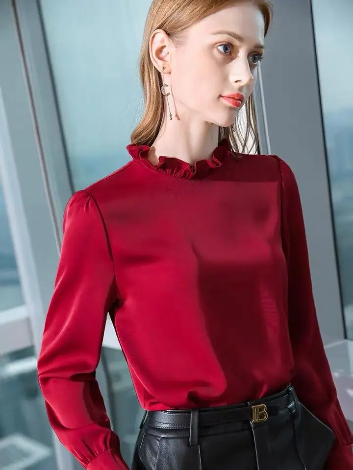 

Plus size Autunm Women Ruffle Neck Satin Shirt Female Overshirt Vintage Blouse Spring Silk Shirts Office Lady Long Sleeve Shirt