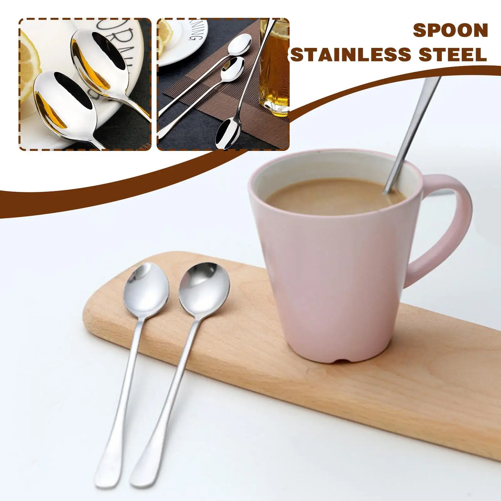 Stainless Steel Coffee Spoon, Long Handle Ice Tableware Kitchen Snack Scoop, Dessert, Spoons, Tool Teaspoon, Cream Z1o6