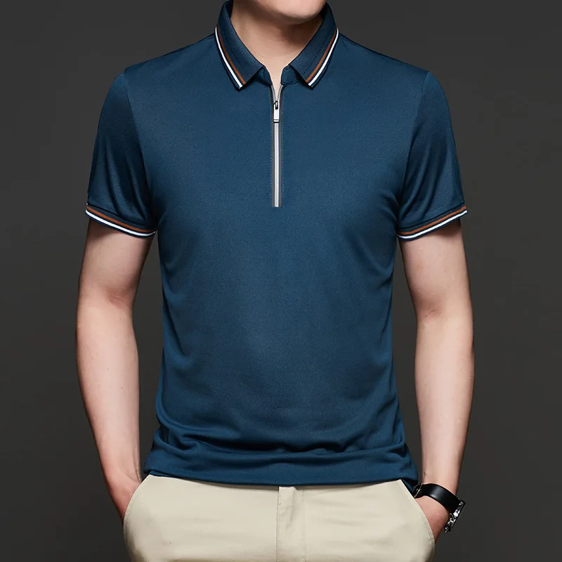 Summer short sleeve t-shirt men's lapel business casual versatile bottom POLO top Solid zipper casual pullover casual comfort