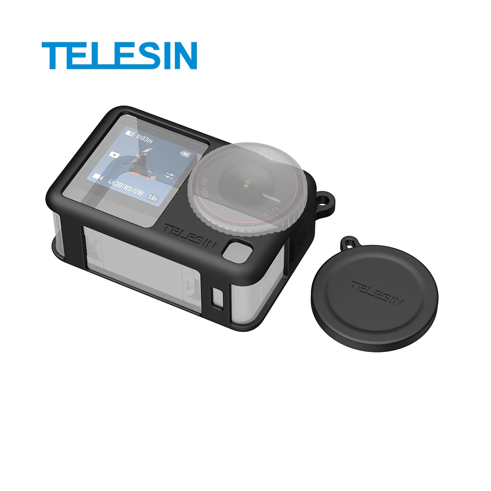 Capa Protetora de Silicone Preta TELESIN Compatível com DJI OSMO Action 6, Tampa de Lente, Capa à Prova de Quedas para Câmera DJI Action 6