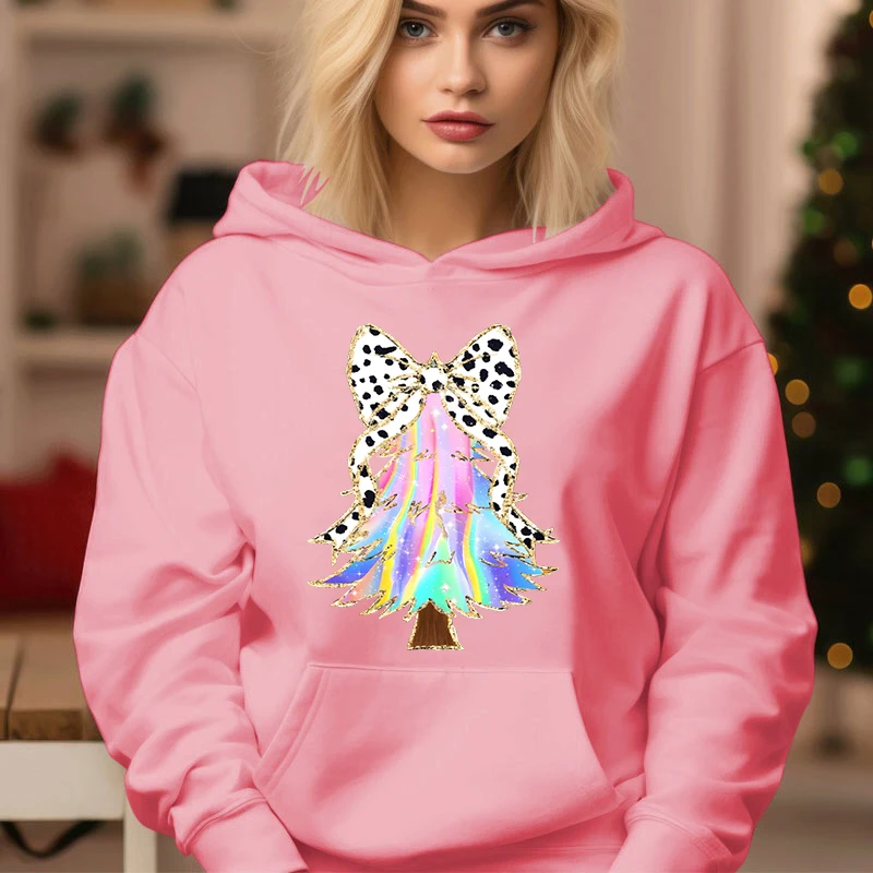 Long Sleeve Pink Hoodies Sweet Christmas Tree Print Funny Tracksuit Women Aesthetics Xmas Tree Hoody Fashion Creative Sweatshirt