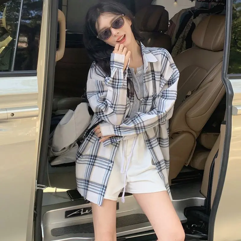 

Retro Lazy Style Women's Long Plaid Shirt Jacket Spring Autumn Color Block Korean Grid Casual Loose Fit Long Sleeve Top