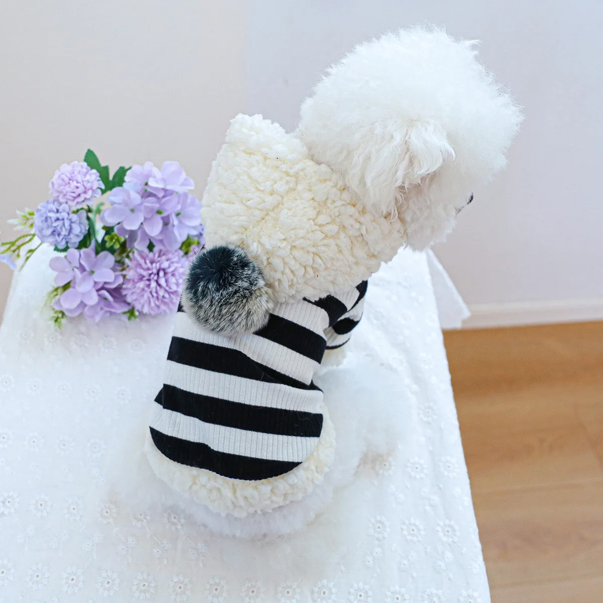 Pet Striped Thick Hoodie Puppy Cat Lamb Wool Hat Autumn and Winter New Striped Ball Fleece Hoodie Puppy Clothes for Small Dogs