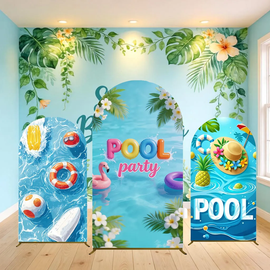 Summer Pool Party Decor Arch Cover Backdrop Swmming Pool Swim Ring Tropical Plants Flowers Birthday Party Decor Arch Stand Cover