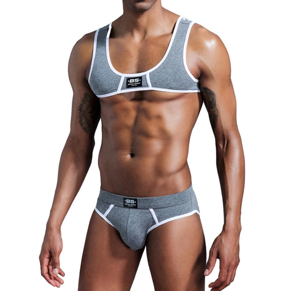 

Mens Sexy Sportswear Set Gym Workout Running Chest Harness Tops Briefs Male Underwear Fitness Mini Tank Tops Gay Exotic Tanks