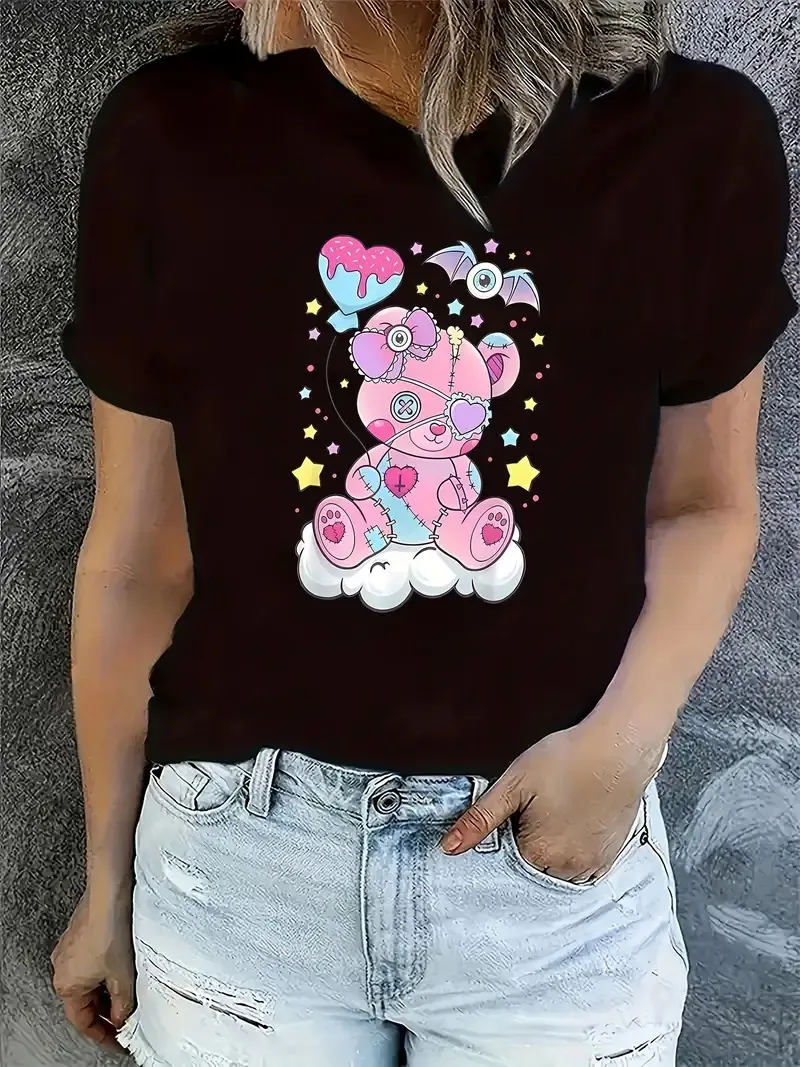 

Cute Bear Graphic Printing Summer Autumn Winter Cotton Men's and Women's T-shirts Short Sleeves Luxury Outdoor Sports Brand
