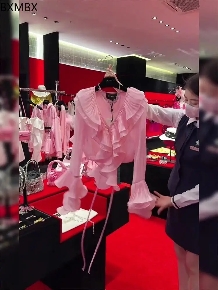 French  V-neck chic ruffle edge flared sleeve long-sleeved shirt women's 2025 early spring new age-reducing shirt