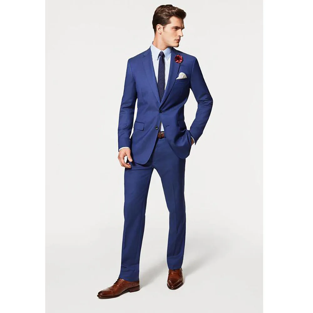 

Formal 2 Piece Jacket Pants Outfits Blue Men's Suits Single Breasted Notch Lapel Skinny Male Clothing Business Full Set