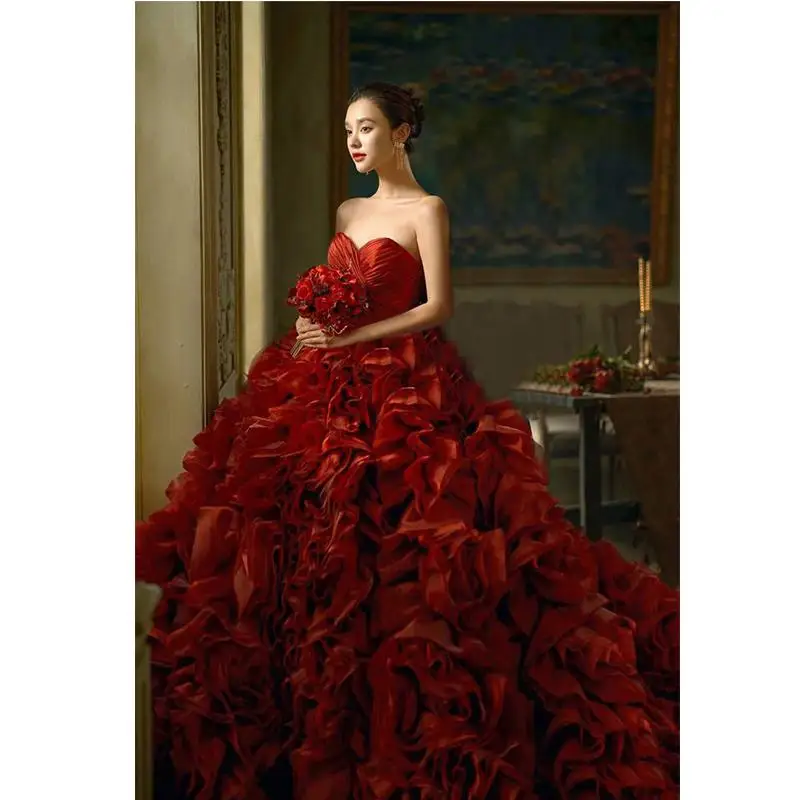 Red Strapless Wedding Dress Floral Puffy Dress Bride's Wedding Toast Dress Evening Performance Wedding Dress Customized