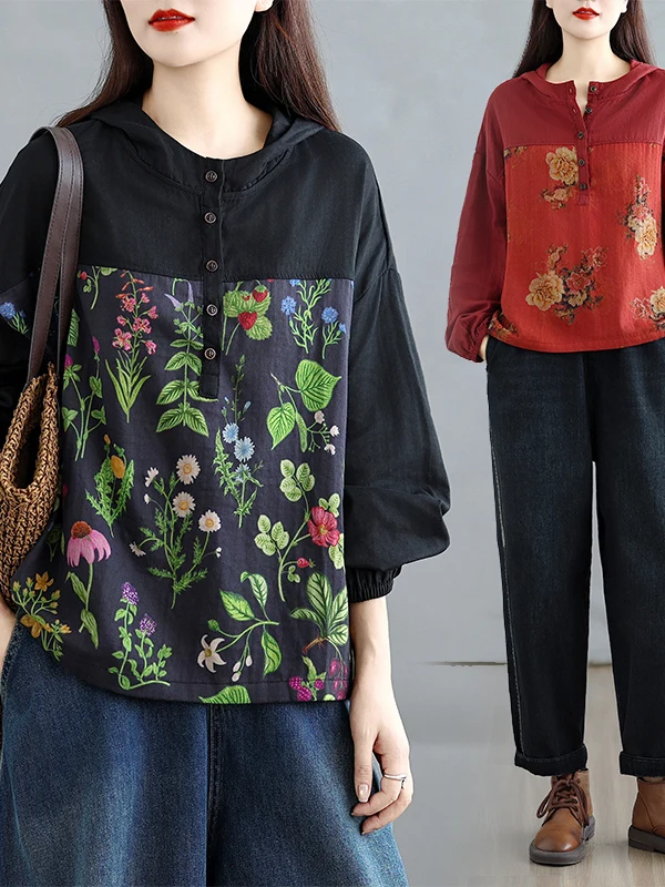 초가을 빈티지 스플라이스 컬러 블록 코튼 얀 후드 루즈 맘 셔츠 다용도 긴 소매 통기성 피부 친화적