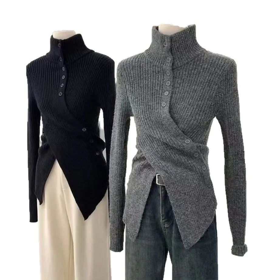 Irregular Cross Design Sweater with Slim Waist Turtleneck Knitted Bottoming Shirt