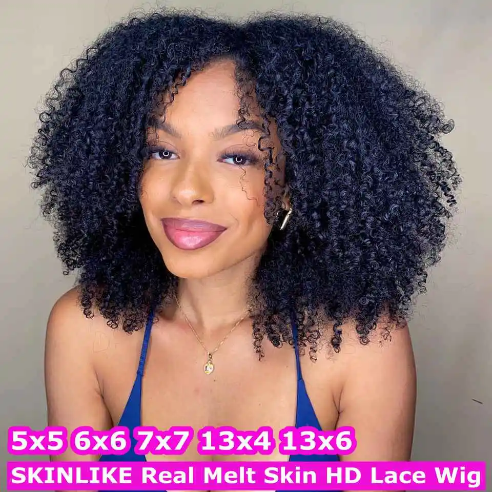 

250% Density 4B 4C Mongolian Short Afro Kinky Curly Melt Skins Real HD 13x6 Full Frontal Human Hair Wig Remy Hair 7x7 Lace Wigs