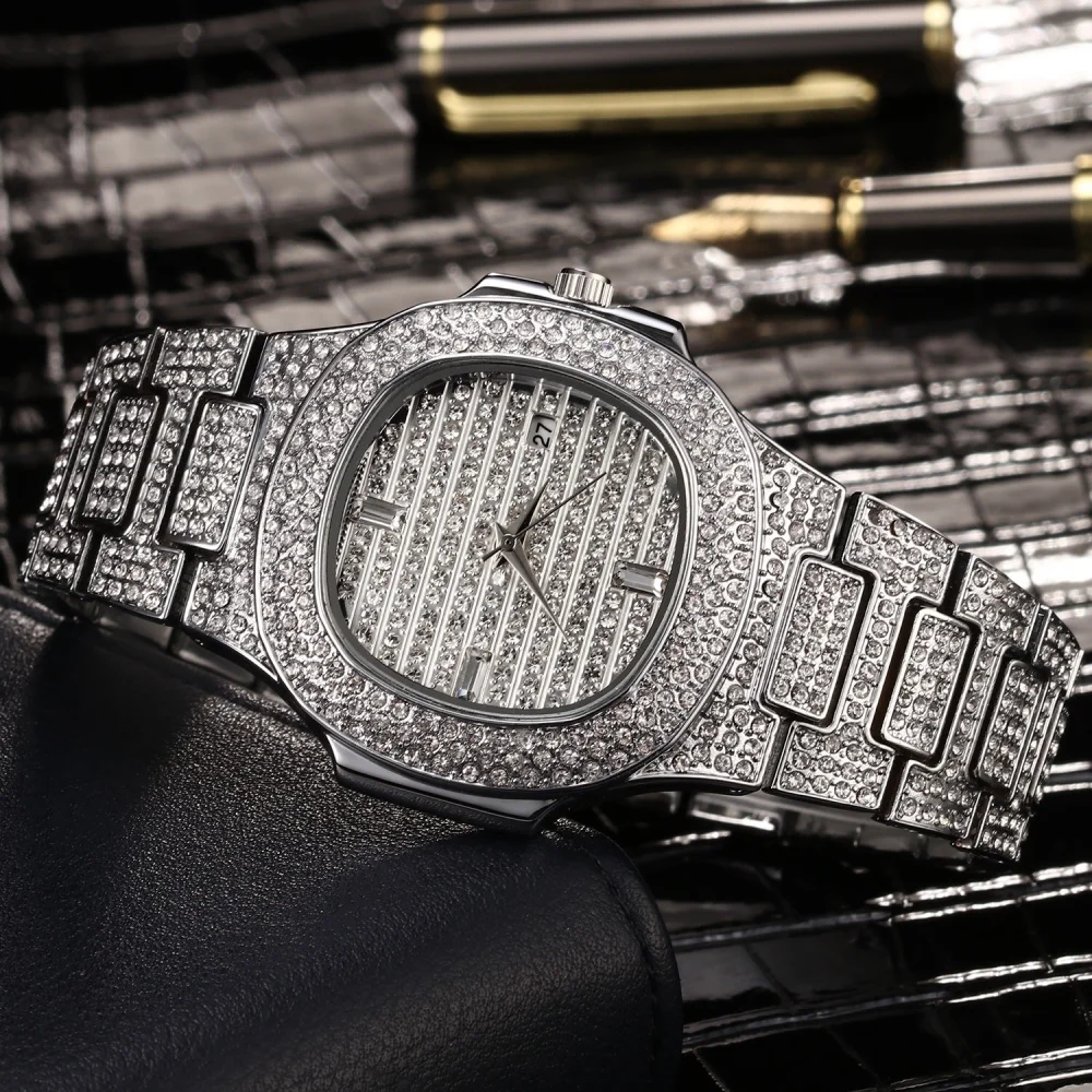 

Высококачественные роскошные часы с бриллиантами, мужские часы Iced Out, водонепроницаемые кварцевые наручные часы с календарем, дата Relogio Masculino, Прямая доставка
