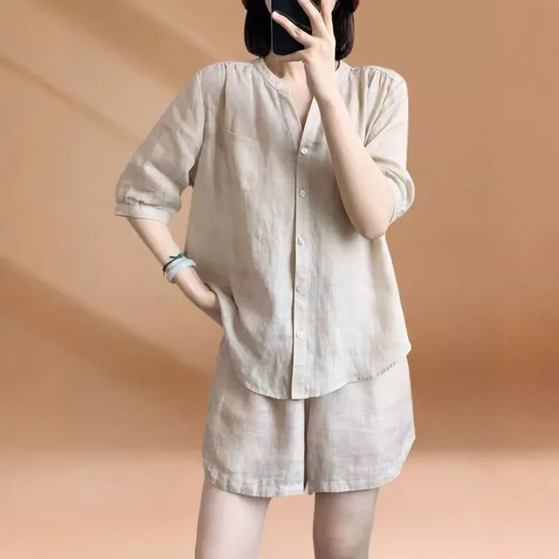 Cotton Linen Shorts Suit Solid Color Simple Style Temperament Fashion Suit Women's Fashion New Short Sleeve Summer Casual