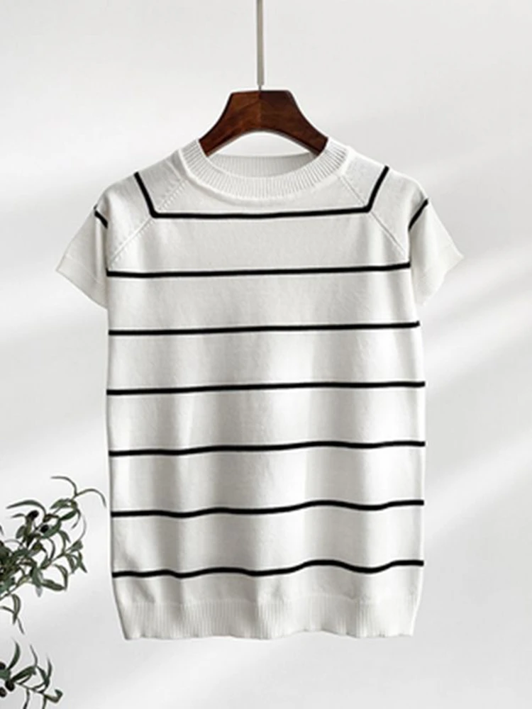 Summer Short Sleeve Striped Pullover Women Sweater Knitted 2022 Sweaters Tops Korean Pull Femme Jumper Female