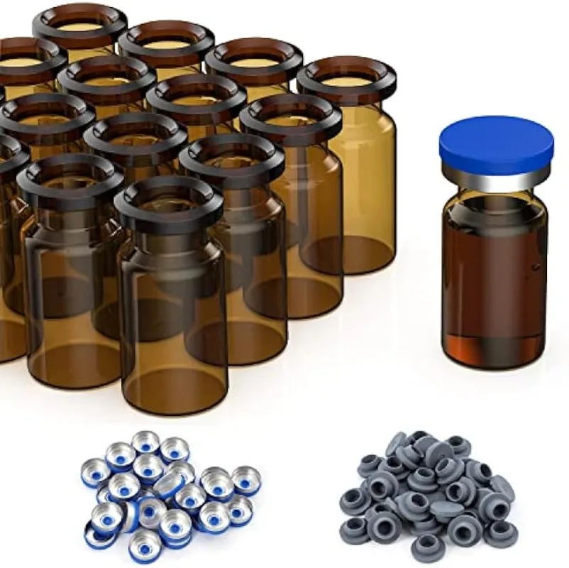 100 Pack 10ml Glass Vials, Amber Glass Headspace Vials with Plastic-Aluminum Flip Off Caps and Rubber Stoppers