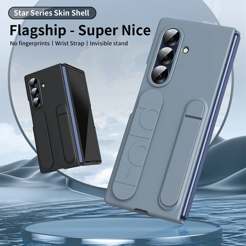 

For Samsung Z Fold 7 Case Skin-friendly PC Texture Silicone Wrist Strap Stand Phone Cover