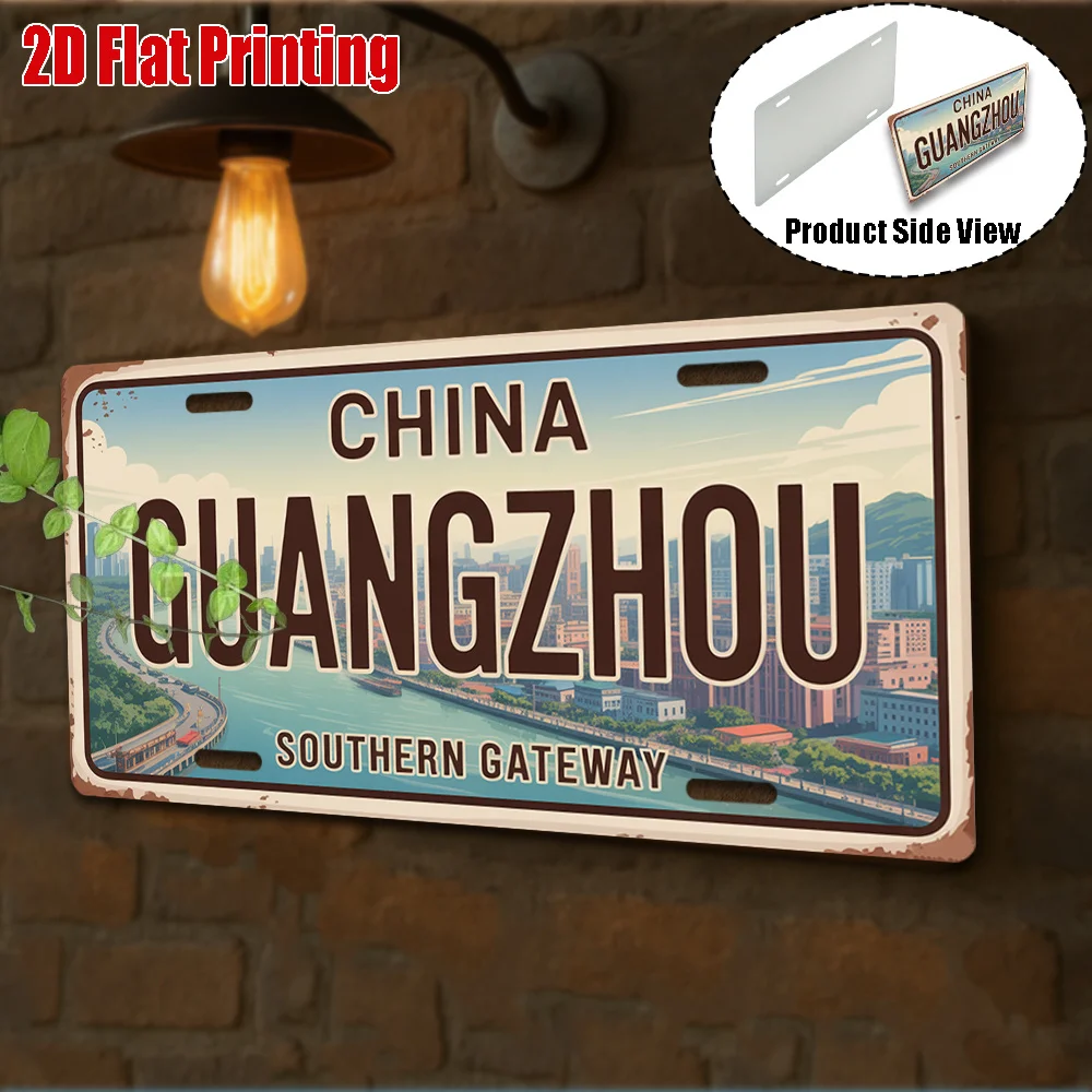 2D Flat 1pc Retro Welcome to Guangzhou Aluminum Wall Sign Southern Gateway Urban Landscape Decor Outdoor Wall Art Plaque Decor