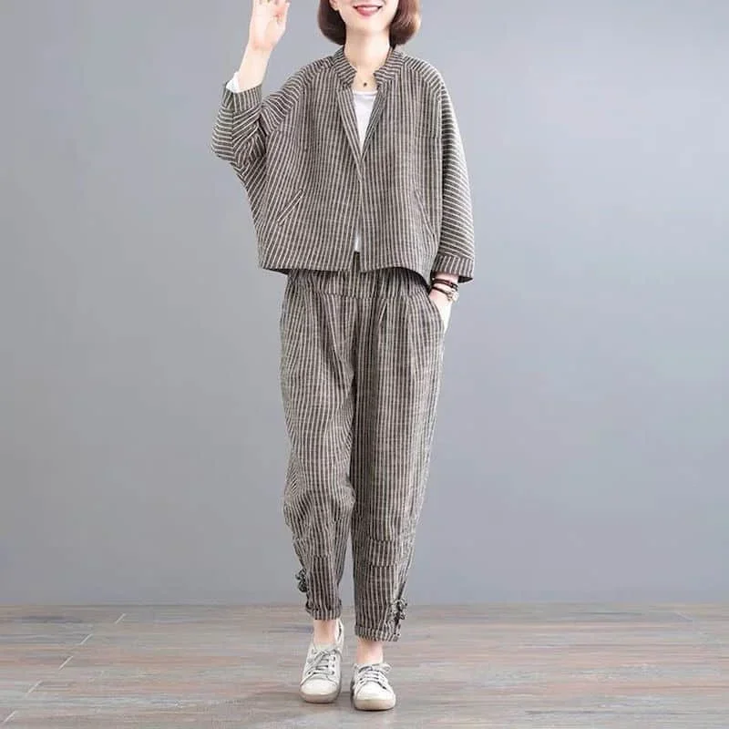 

Vintage Pants Sets Long Sleeve Striped Coats and Casual Harem Pants Loose Harajuku Korean Style Two Pieces Sets Women Outfits