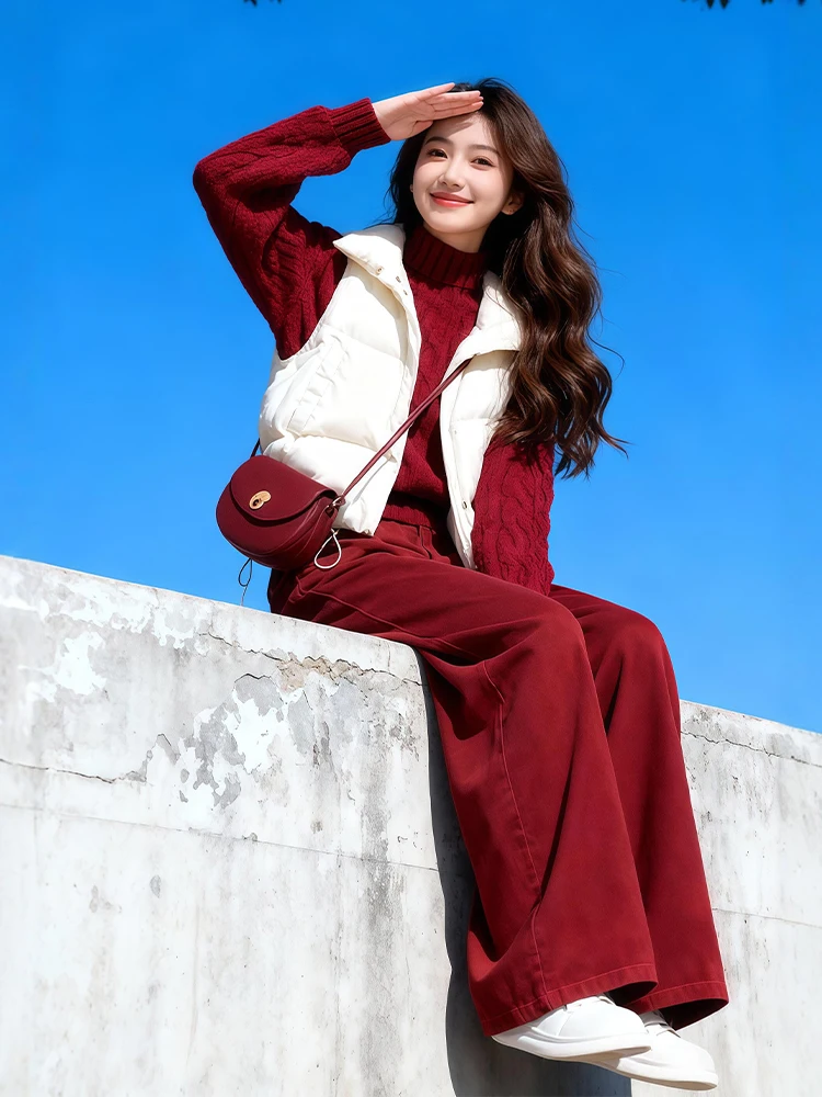 

Red Sweater White Vest Casual Pants Three Piece Set Women's Fashion Autumn Winter Warm Thickened Casual WearHZVZ Brand