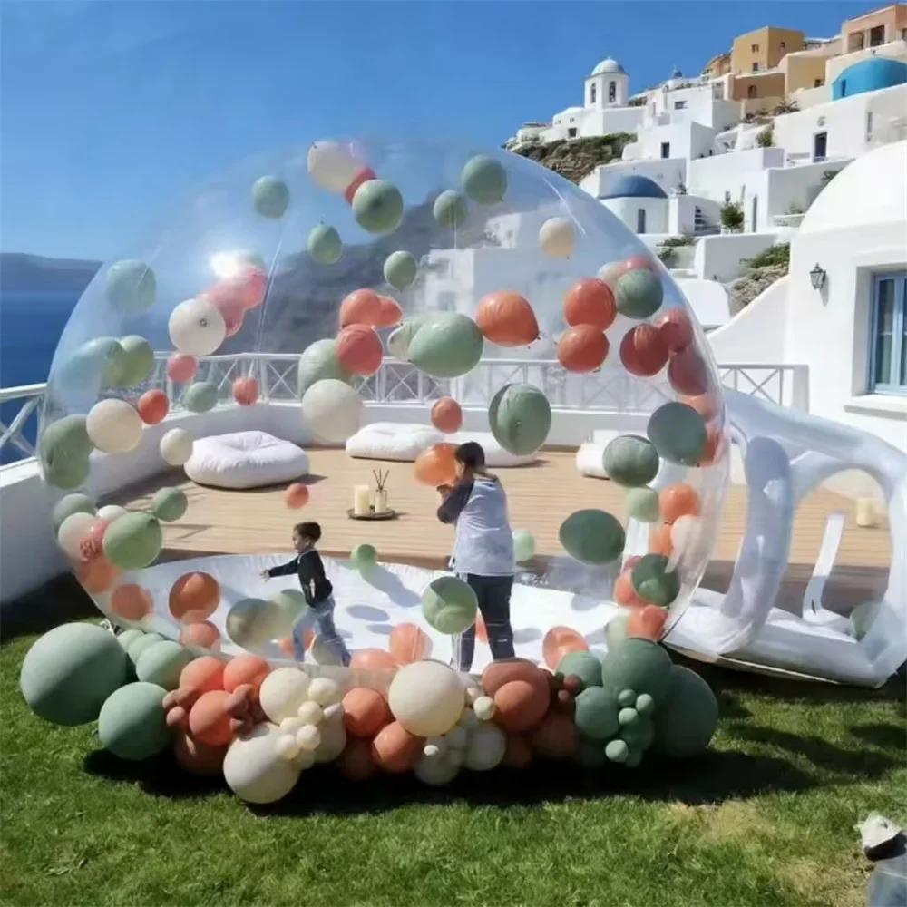 Tente bulle gonflable transparente avec souffleur ; installation rapide, idéale pour les décorations de fêtes et de festivals, ainsi que pour le camping en plein air.