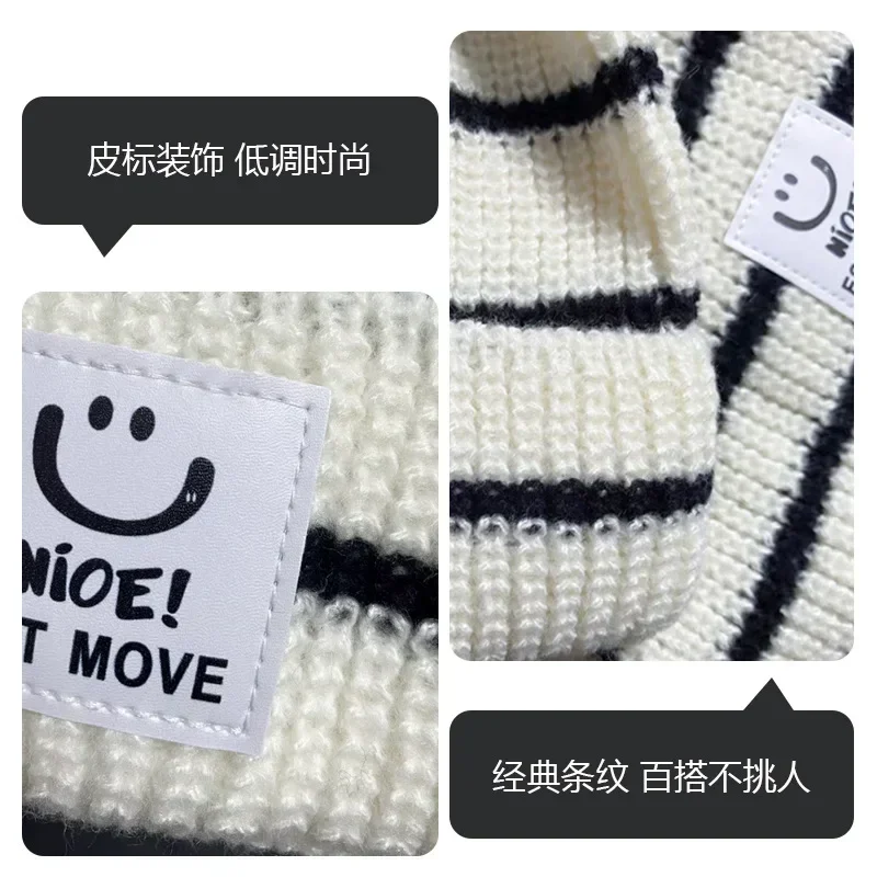 Korean Chic Kids Beanie Scarf Set for Boy Girl Black White Color Striped Scarf Crochet Bonnet Set Autumn Winter Warm Knitted Hat