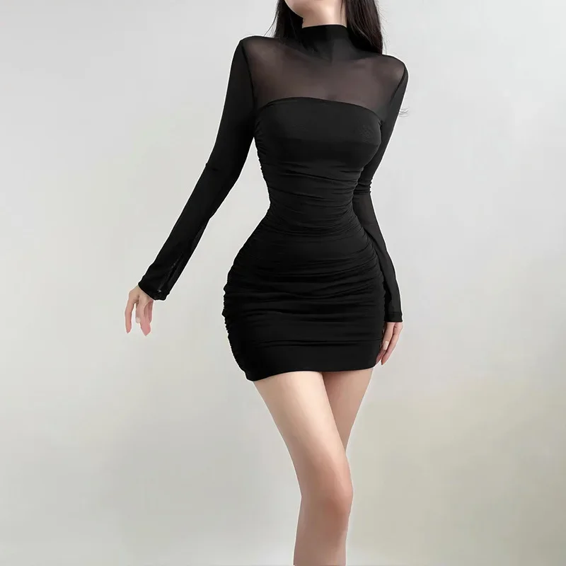 Halbhohen Kragen Mesh Splice Langarm Transparent Sexy Mädchen Kleid Sommer Neue Stil Pure Desire Kurzen Rock frauen kleidung