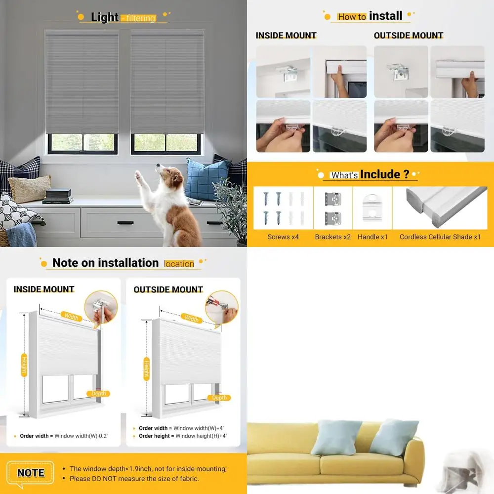 

Cordless Honeycomb Light Filtering Shades, 34x36, White, Inside/Outside Mount for Windows