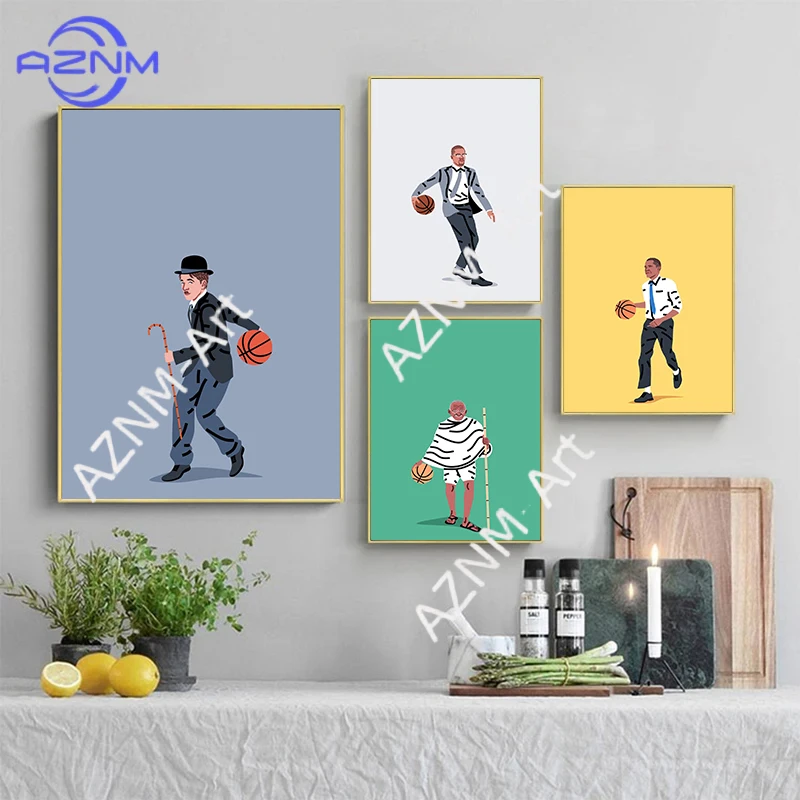Moderne minimalistische Cartoon-Figuren, die Basketball spielen, abstraktes Poster, Leinwandgemälde, Wandkunst, Bilder, Heimdekoration