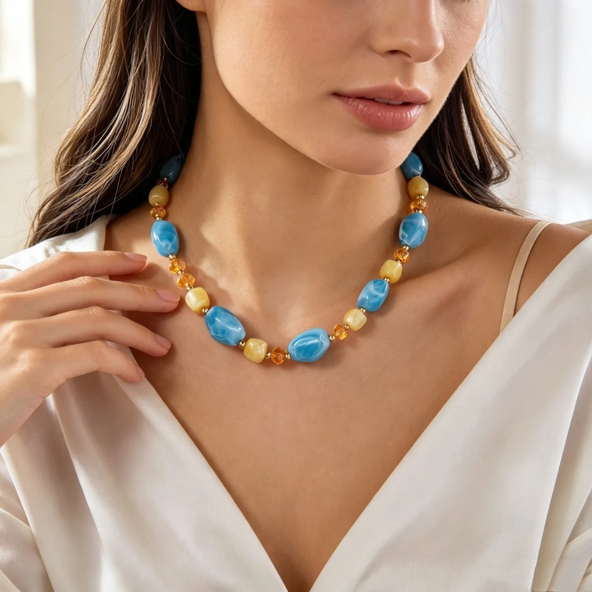 Französische Retro-Halskette mit sanften, farbenfrohen Kristallharzperlen für Damen und Herren, Hippie-Stil, unregelmäßige Perlen, Choker, Reiseschmuck – Detail 10