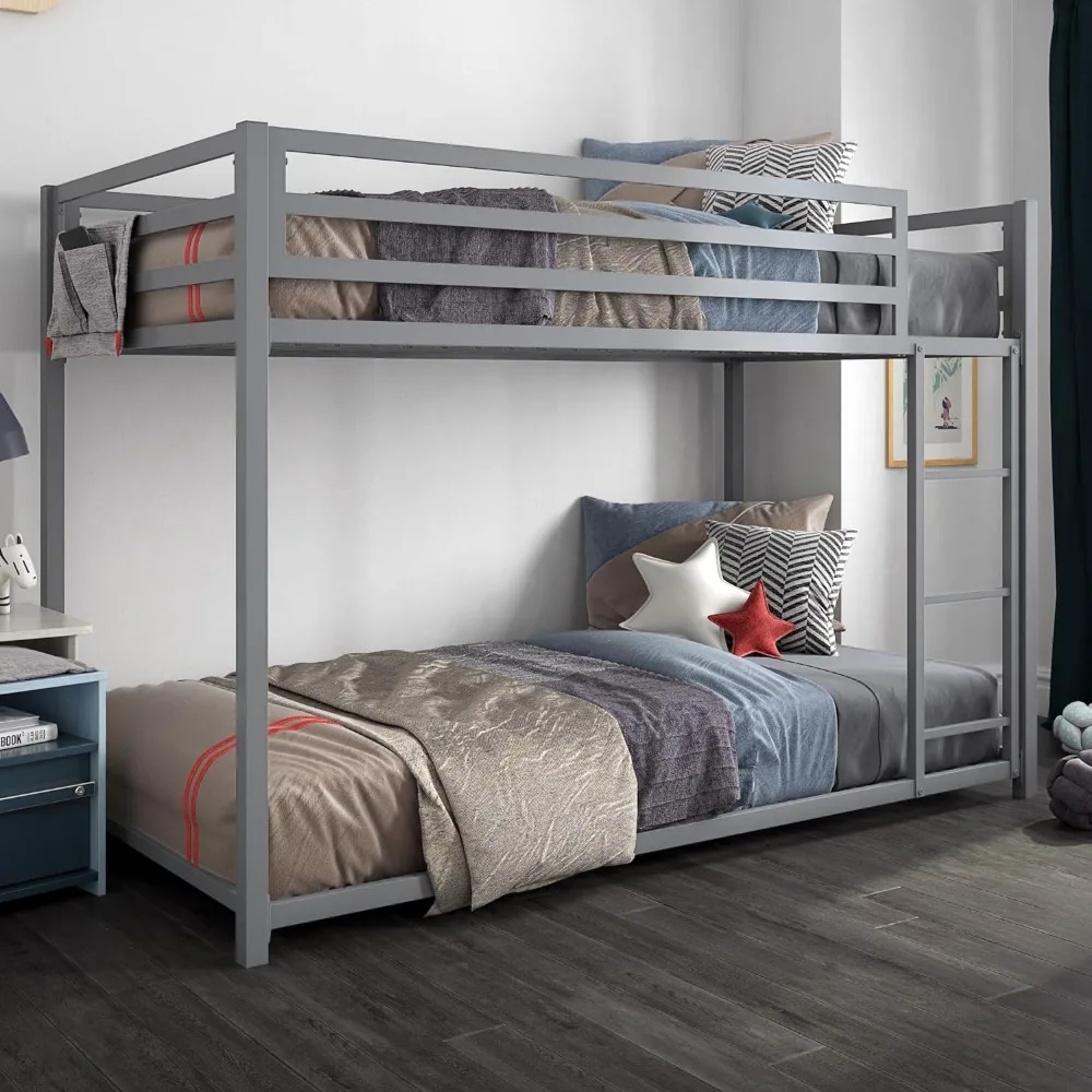 Low Metal Bunk Bed Frame for Kids, With Built-in Ladder, High Guardrail and Metal Slats, Floor Bed Bottom Bunk