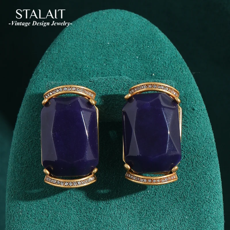 

Vintage Square Lapis Lazuli Blue Earrings For Woman Stud Natural Stone Antique Gold Color Luxury Designer Jewelry 2025 New Gift