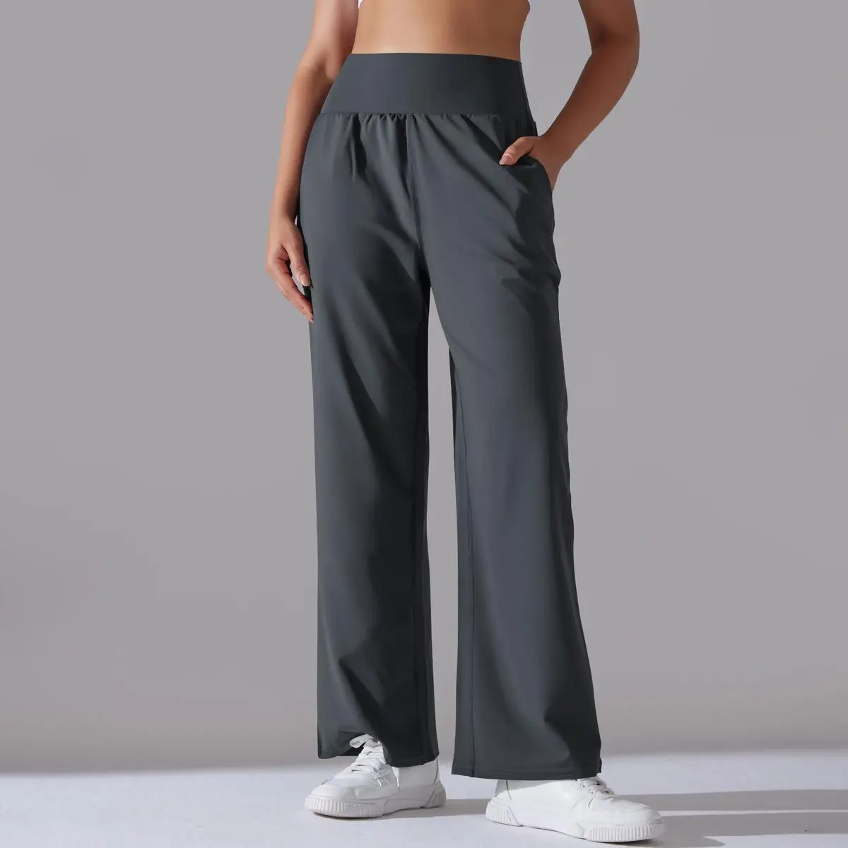 Pantalones de pierna ancha con bolsillos para mujer, mallas holgadas de cintura alta para Yoga, con cordón, informales, para exteriores, trotar, gimnasio, deportes, acampanados